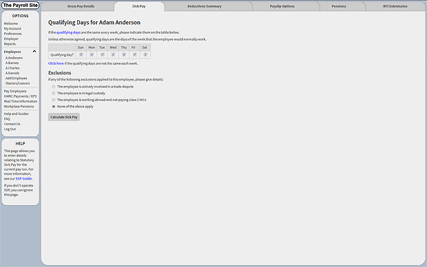 Statutory Sick Pay Screen